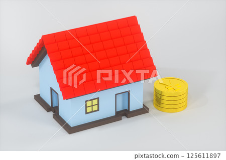 The small house model beside the golden coins, 3d The small house model beside the golden coins, 3d 125611897
