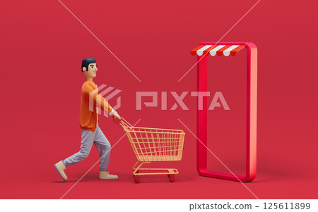 A man pushes an empty shopping cart, 3d rendering. A man pushes an empty shopping cart, 3d rendering. 125611899