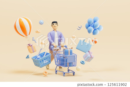 A man buy lots of gifts for using during the 125611902