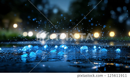 Bioluminescent blue raindrops splash on wet pavement at night - surreal urban rain scene with glowing water 125611911