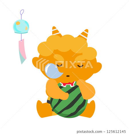 Illustration of a yellow demon sleeping next to a wind chime, biting into a watermelon Illustration of a yellow demon sleeping next to a wind chime, biting into a watermelon 125612145