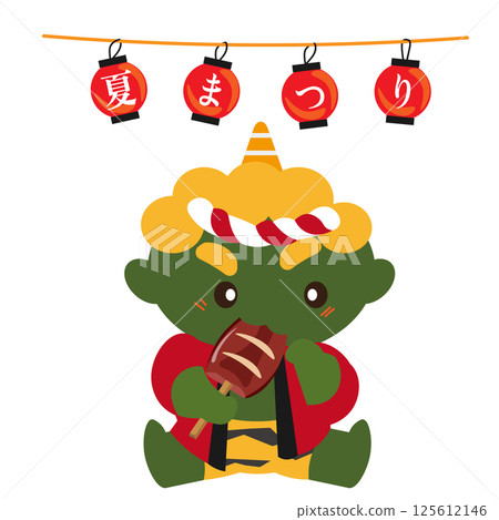 夏日祭典上穿著法被的綠色惡魔吃烤魷魚的插圖 夏日祭典上穿著法被的綠色惡魔吃烤魷魚的插圖 125612146