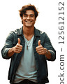 man smiling shows like with hands, png without background. created with ai 125612152