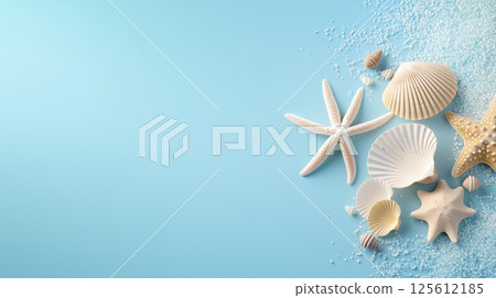 Bright starfish and seashells arranged on light blue background with space for text, summer and beach vacation theme 125612185