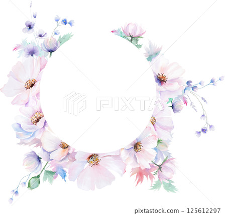 Frame made with watercolor pink peony flowers and leaves, pastel wedding isolated illustration Frame made with watercolor pink peony flowers and leaves, pastel wedding isolated illustration 125612297