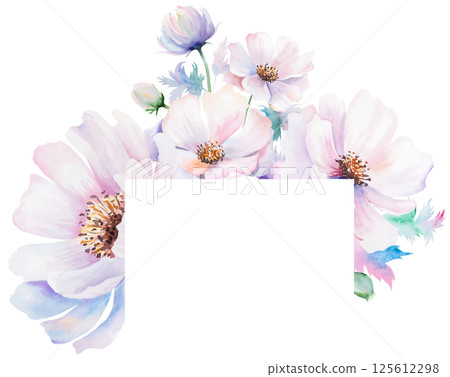 Frame made with watercolor pink peony flowers and leaves, pastel wedding isolated illustration 125612298