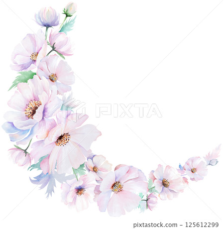 Wreath made with watercolor pink peony flowers and leaves, pastel wedding isolated illustration Wreath made with watercolor pink peony flowers and leaves, pastel wedding isolated illustration 125612299