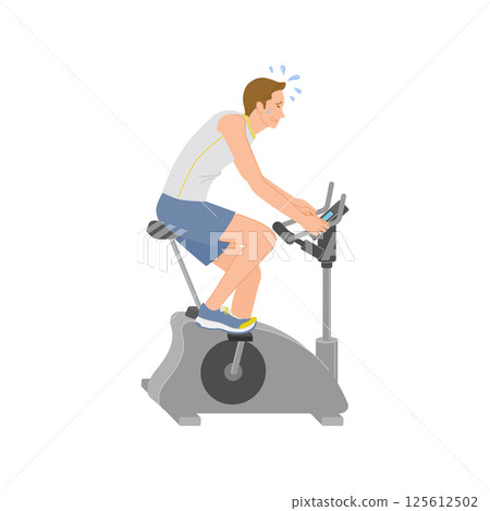 年輕人在健身房騎健身車訓練時遇到困難 年輕人在健身房騎健身車訓練時遇到困難 125612502
