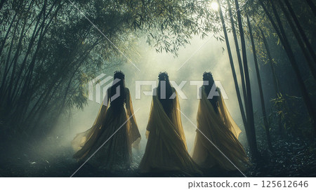 穿著婚紗的女人在森林裡抬頭仰望 125612646