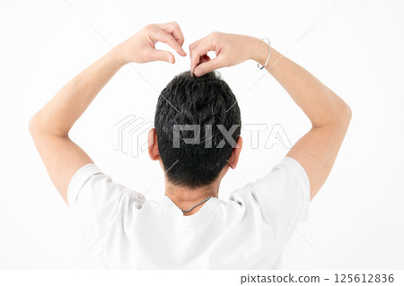 Men's Beauty, Middle Age, Hair Care, Back View Men's Beauty, Middle Age, Hair Care, Back View 125612836