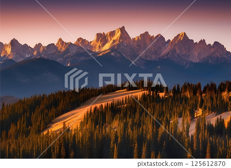 Pine forest and snowy mountains merge into one breathtaking scene.AI Generated 125612870