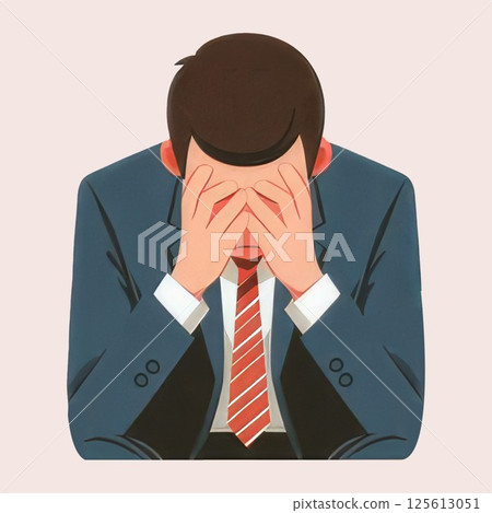 Flat cartoon style of a male employee wearing a blue shirt feeling stressed, Hold your temples. 125613051