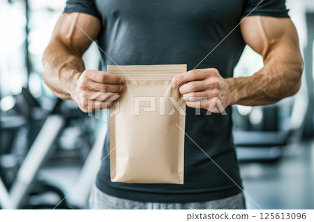 Muscular man holding empty kraft paper pouch in gym, representing fitness nutrition, protein supplements, and healthy lifestyle. 125613096