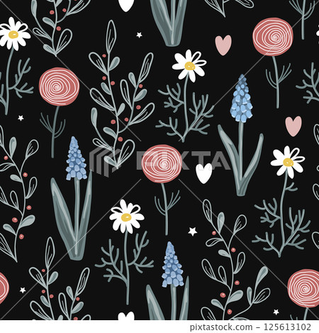 Doodle spring flowers seamless pattern. Vector illustration. Doodle spring flowers seamless pattern. Vector illustration. 125613102