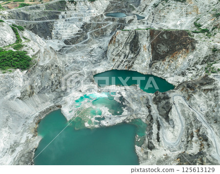 Open pit mine industry. Limestone quarry with backhoe and truck in operation. Heavy machinery in mining industry and construction material supply. Landscape of resource extraction in a industrial site 125613129