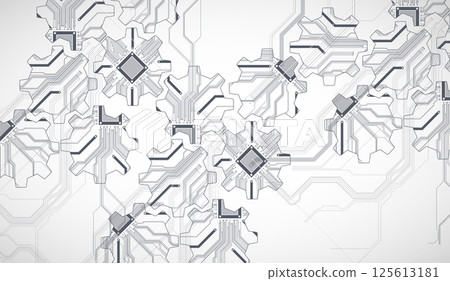 Stylized view of gears integrated with microcircuits. Concept of combining mechanics and electronics. Stylized view of gears integrated with microcircuits. Concept of combining mechanics and electronics. 125613181