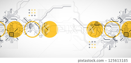 Stylized view of gears integrated with microcircuits. Concept of combining mechanics and electronics. 125613185
