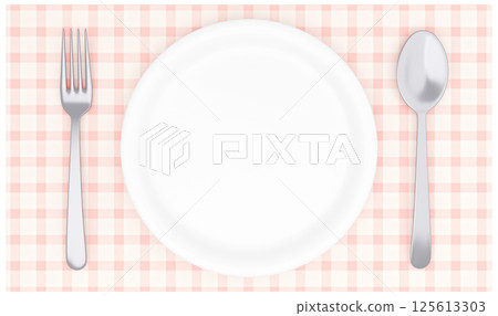 3D illustration_plate and cutlery_placemat_pink 3D illustration_plate and cutlery_placemat_pink 125613303