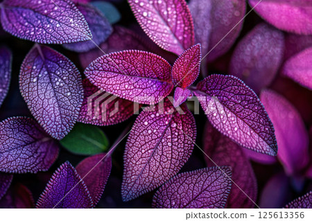 Close-up of vibrant purple and magenta textured leaves with water drops on soft blurred background, symbolizing natural beauty, freshness, vitality, and organic design. 125613356
