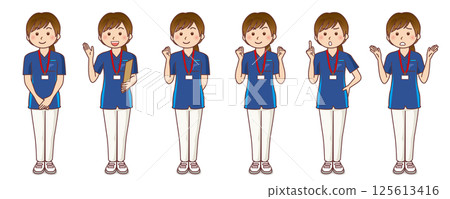 Collection of poses for female rehabilitation caregivers 125613416