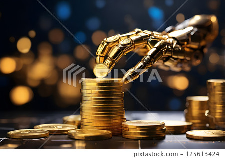 A robotic hand holding a stack of gold coins against a blurred background with bokeh lights and invest 125613424