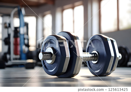 barbell or dumbbell in the gym in the sun 125613425