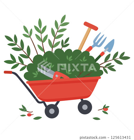 Garden tools and pruned branches in a wheelbarrow 125613431