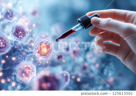 Hand holding a dropper with red liquid against abstract glowing cells background, symbolizing biotechnology, medical research, and scientific innovation. 125613501