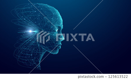 Digital Human Head with Flowing Big Data Lines AI innovation concept. Digital Human Head with Flowing Big Data Lines AI innovation concept. 125613522