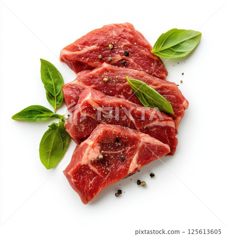 Pieces of raw meat with basil and pepper 125613605