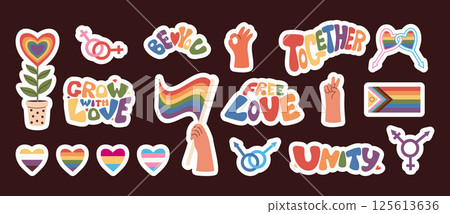 Pride Month Stickers. Hand Holding LGBTQ Progress Flag, Diverse Hearts, Rainbow symbols, signs LGBT community, gestures and Lettering motivating slogans. Isolated holiday elements. Vector illustration 125613636