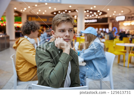 Portrait of upset teenage boy suffering from bullying of friends 125613731