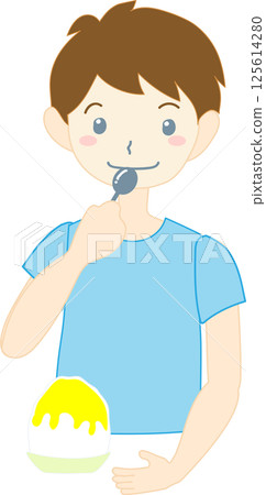 一個男孩吃刨冰的插圖 125614280