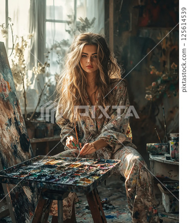 Elegant female artist painting a colorful landscape in her art studio Elegant female artist painting a colorful landscape in her art studio 125614539