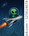 Illustration of an alien flying on a rocket 125614678