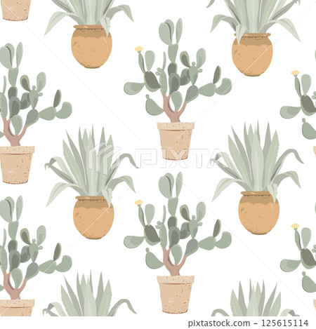 Potted agave and prickly pear cactus seamless pattern. Mediterranean garden. Potted houseplants for dry climate. Vector isolated illustration Potted agave and prickly pear cactus seamless pattern. Mediterranean garden. Potted houseplants for dry climate. Vector isolated illustration 125615114