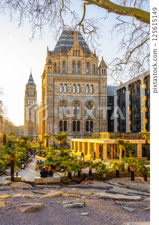 Visitors relax in the East Lawn of the Natural History Museum, surrounded by greenery and historic architecture during golden hour, capturing the essence of London's charm. 125615149