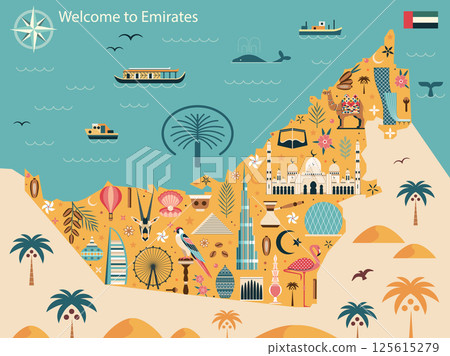UAE Travel Map with Popular Landmarks 125615279