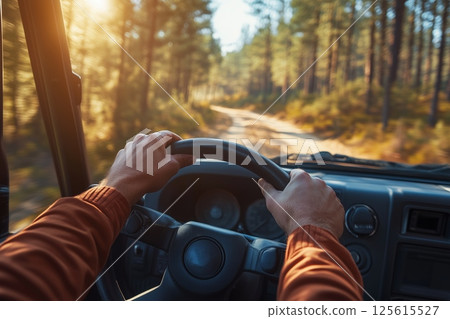 Man driving truck down sun dappled forest road POV, hands steer confidently through tall trees, golden sunlight filters through canopy, serene forest escape perfect for nature forest themes. 125615527