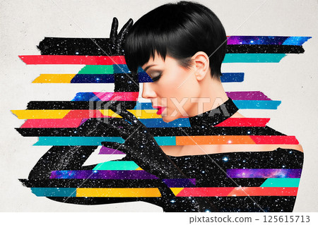 Creative collage featuring a woman in a retro style with abstract elements and a vibrant background for a modern design offer 125615713