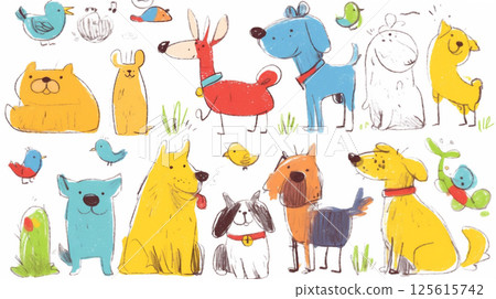 A dog drawn by a lower grade elementary school student (crayon and watercolor) 125615742