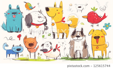 低年級小學生畫的狗（蠟筆和水彩） 125615744