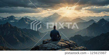 Alone on rocky peak person sits in peaceful contemplation with back view facing dramatic mountain ranges under glowing sunset sky feeling inspired 125615987