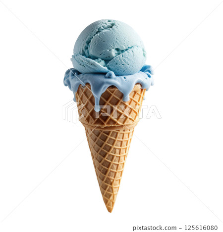 Delicious blue ice cream sits atop crispy waffle cone, with smooth texture and delightful melting effect. This treat evokes joy and refreshment on warm day. 125616080