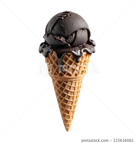 Delicious black charcoal ice cream in crispy waffle cone, topped with rich chocolate sauce, evokes sense of indulgence and joy. Perfect for sweet treat on warm day. Delicious black charcoal ice cream in crispy waffle cone, topped with rich chocolate sauce, evokes sense of indulgence and joy. Perfect for sweet treat on warm day. 125616081