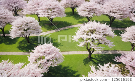 Aerial view cherry blossom trees blooming in park, springtime landscape with pink flowers, green grass and winding pathways creating peaceful scenery. Aerial view cherry blossom trees blooming in park, springtime landscape with pink flowers, green grass and winding pathways creating peaceful scenery. 125616198