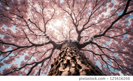 Majestic cherry blossom tree viewed from below, vibrant pink flowers, textured bark, sunlight filtering through branches, serene spring atmosphere. 125616208