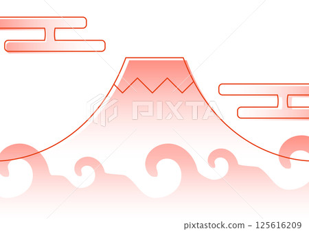 Red Japanese style simple Mt. Fuji with clouds and waves 125616209