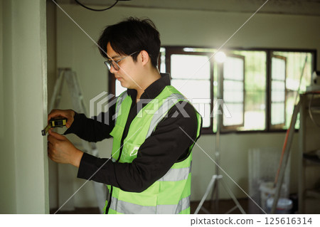 Site inspector taking wall measurements for renovation or electrical installation 125616314