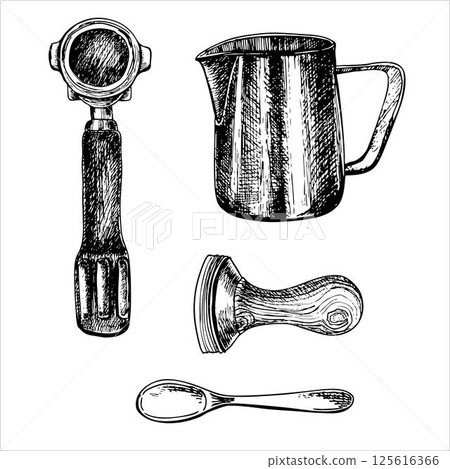 milk pitcher, a horn coffee maker, a tamper, spoon 125616366
